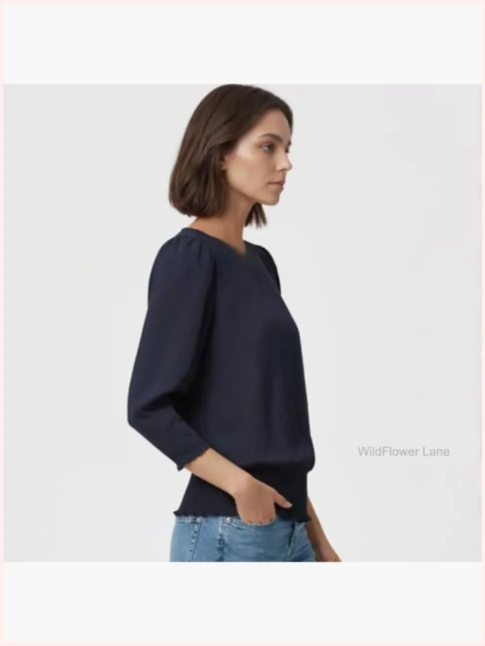 Smocked Elastic Cinched Waist Blouse 3/4 Sleeve Top - Picture 5 of 7
